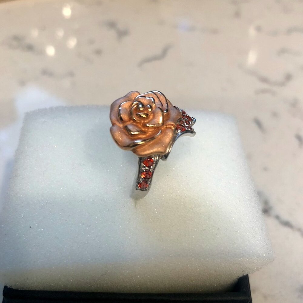 Sterling Silver Rose Flower and Red Multi Stone Ring
